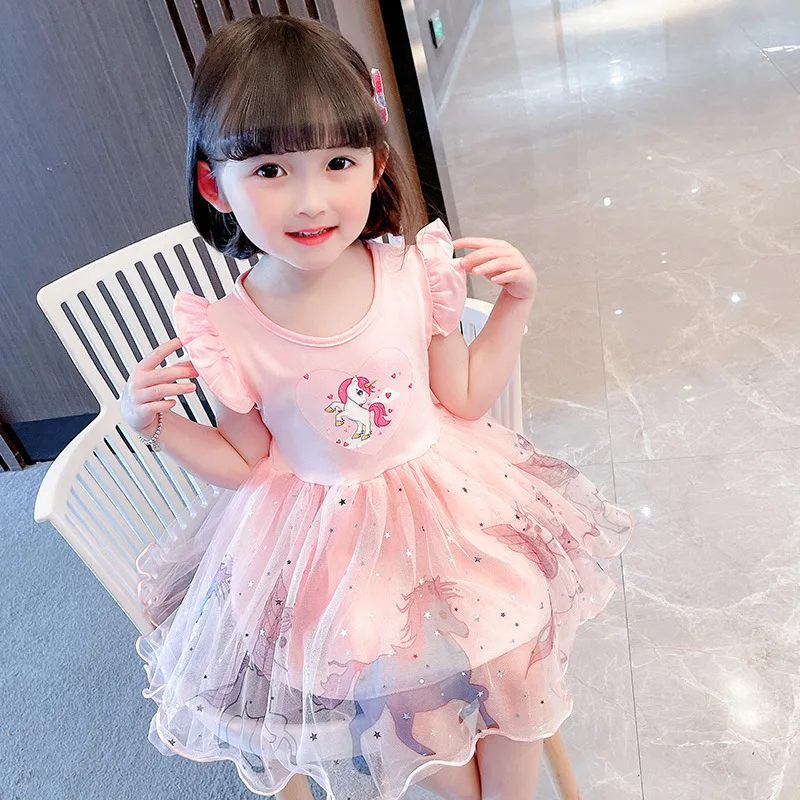 Girls Clothes 2024 New Summer Princess Dresses Flying Sleeve Kids Dress Unicorn Party Baby Dresses for Children Clothing 3-8Y