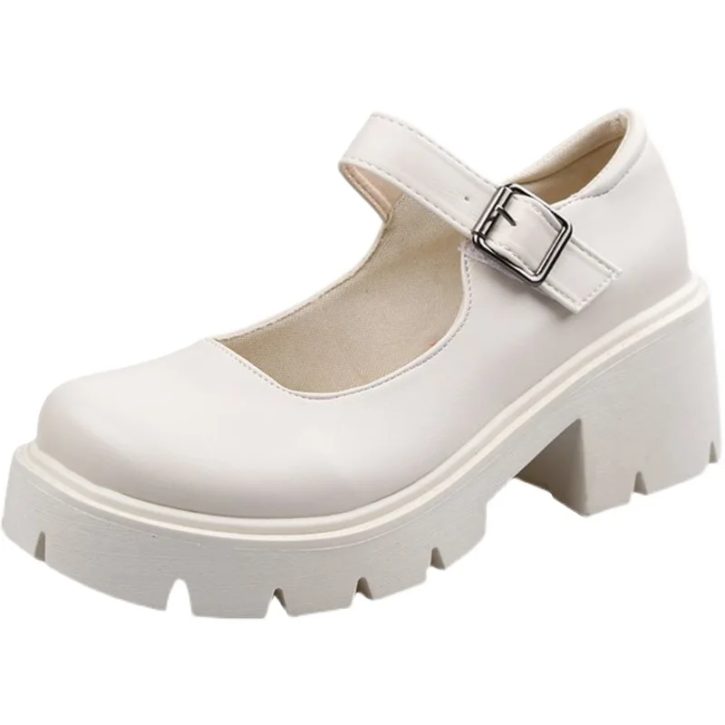 Women white shoes Thick soled round toe Mary Jane single shoes Retro medium high heels shoes British style casual Pumps shoes