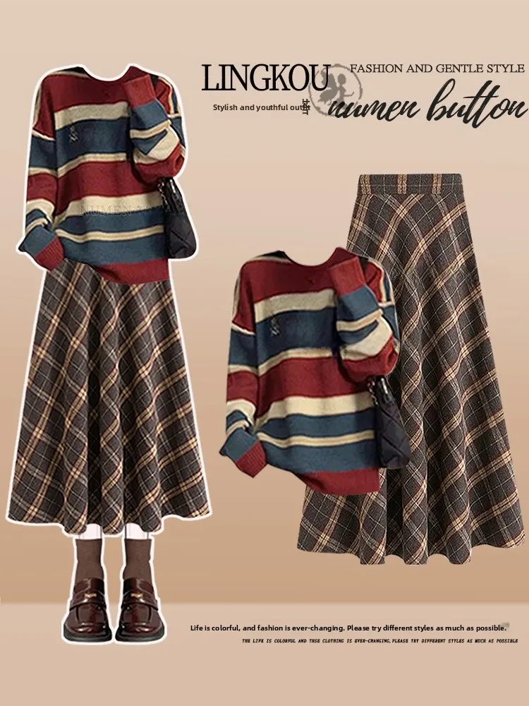

Large Size Autumn Winter College Style Set Women's Korean Stripe Sweater High Waist Slimming Plaid Skirt Two Piece Set