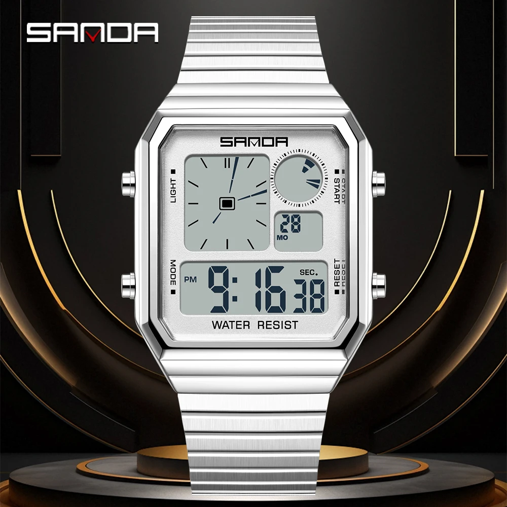 Montres sportives numériques SANDA 6399 pour homme, aiguille analogique, étanches 50M, chronomètre, montre-bracelet homme, réveil, montre homme