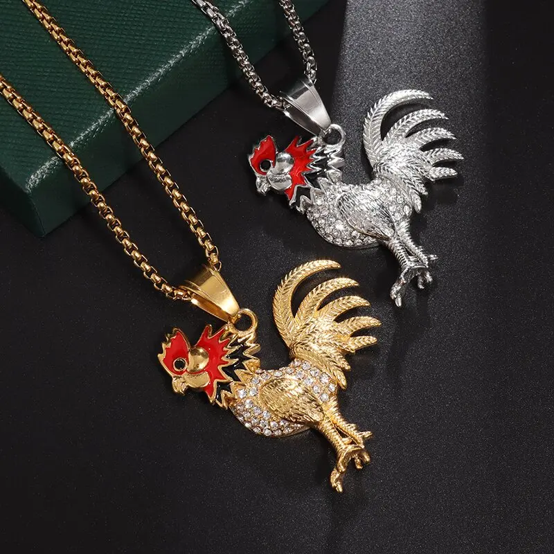 French Gallic Rooster Necklace Iced Out Bling Animal Rooster Pendant Men and Women Hip Hop Jewelry