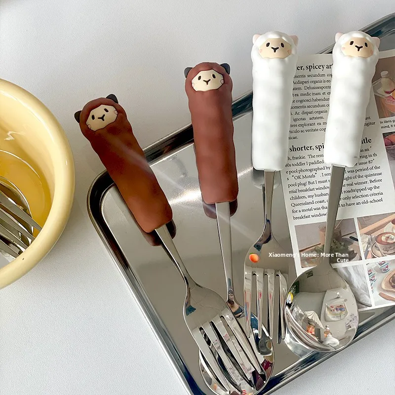 Adorable Cartoon Alpaca Spoon Fork Stainless Steel 304 Dining Utensils Dessert Set Home Use Sweet Treat Cutlery Set