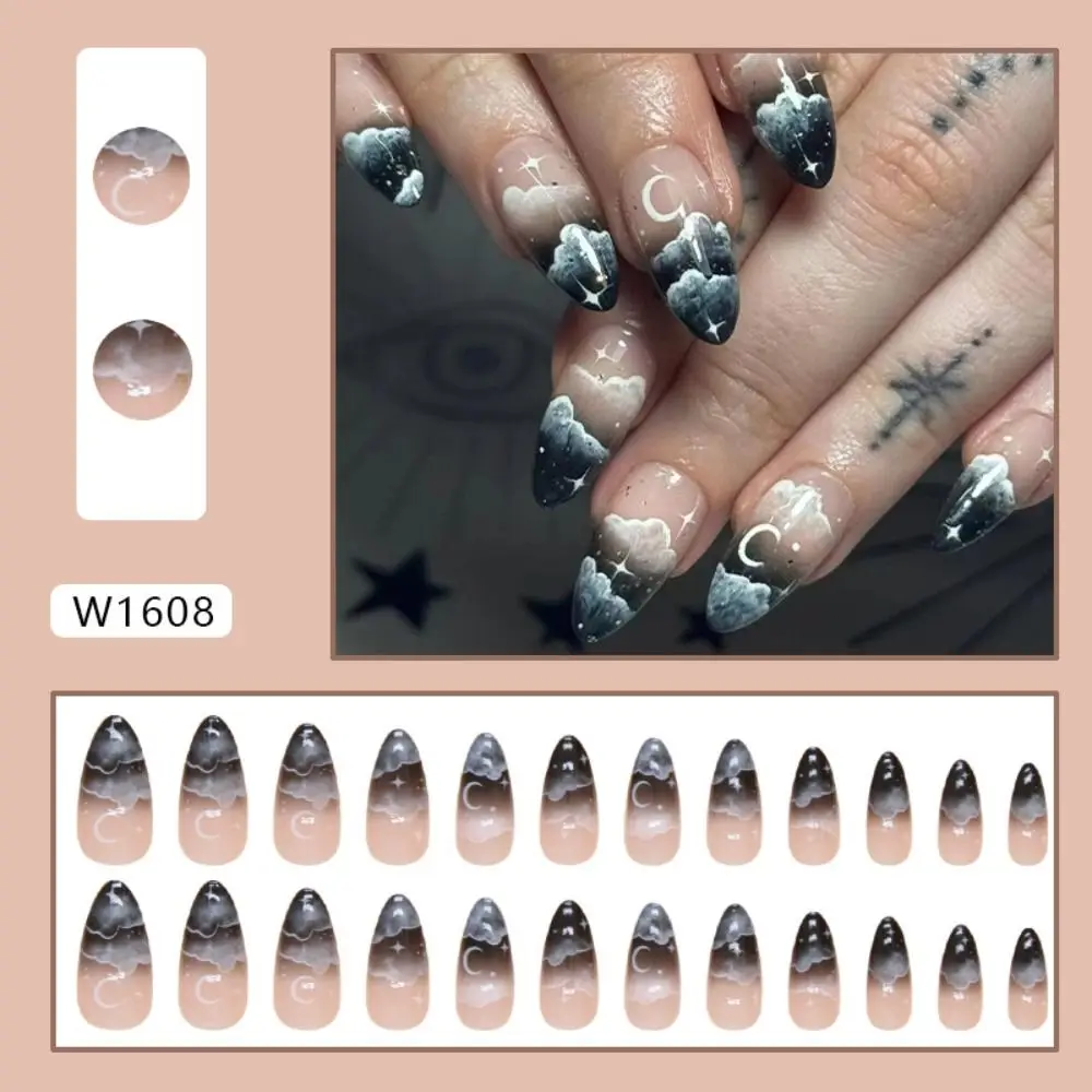 24pcs Manicure Long Almond False Nails Ballerina Flowers Rainbow Press on Nails Stiletto Star Cat Claws French Nail Tips DIY