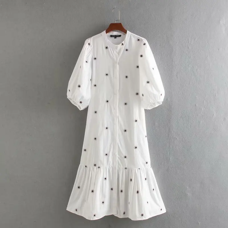 2020 women vintage lantern sleeve flower embroidery midi shirtdress female hem pleats vestidos chic casual loose dresses DS3436