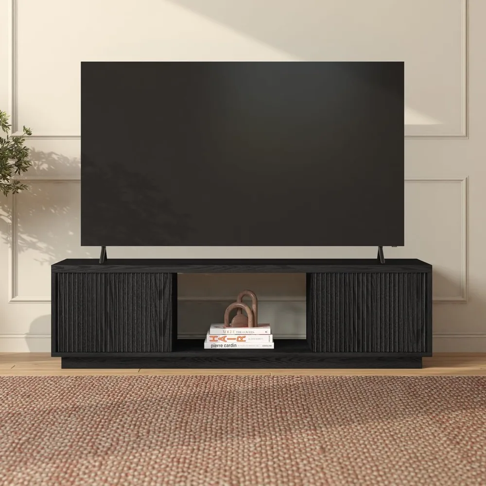 

Fluted TV Stand for TVs up to 65'' with 2 Side Storage Cabinets and Open Center Storage for Living Room, Family Room