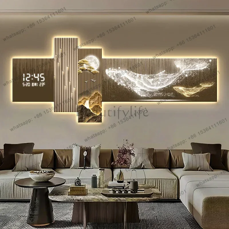 Light Luxury Whale Living Room Decorative Painting Electronic Screen Clocks Fixed With Lamp Digital Wall Clock Home Decor Items