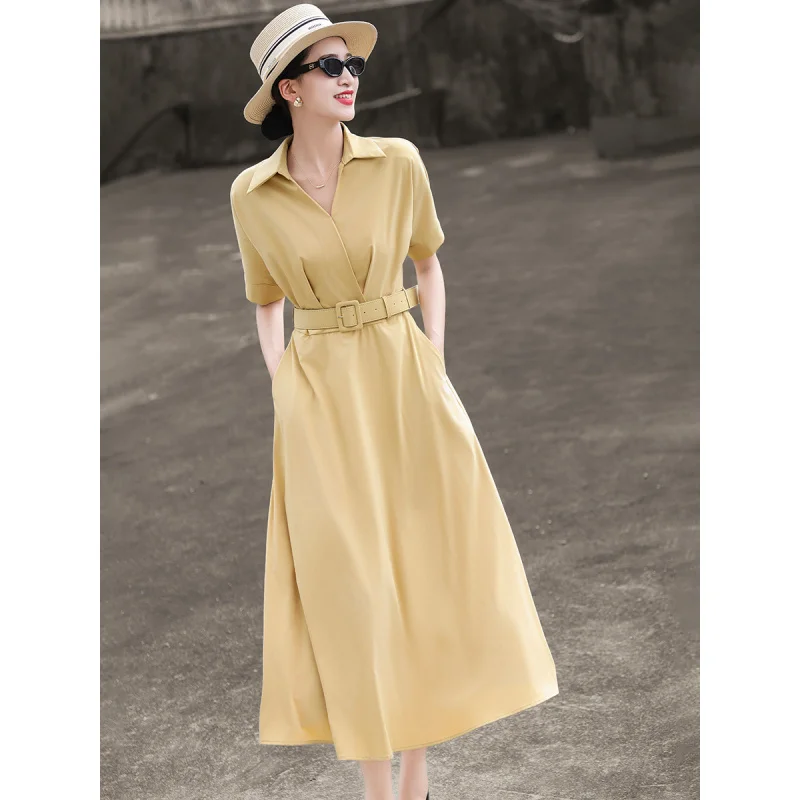 MEXCOCO 2026Summer new style, elegant and simple for commuting, with a cinched waist and tie beltVCollar Dress