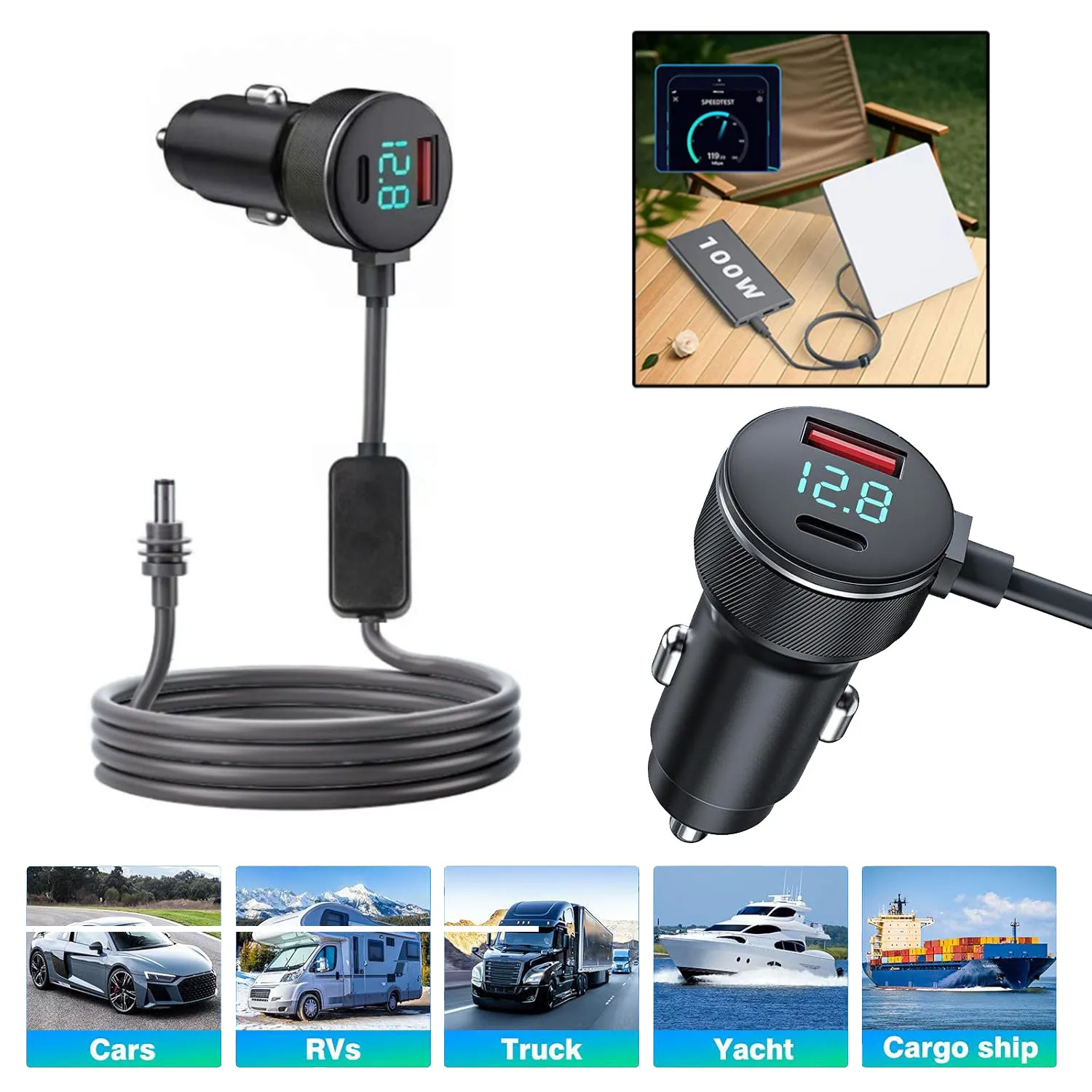 For Starlink Charger USB Type C Cigarrete Lighter Car Charger 12V-24V Vehicles 2/3M Digital Voltmeter Waterproof Extension Cable