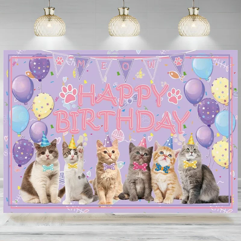 Cat Party Decoration Happy Birthday Backdrop Kitten Photography Background Lover Children Kids  Theme Banner