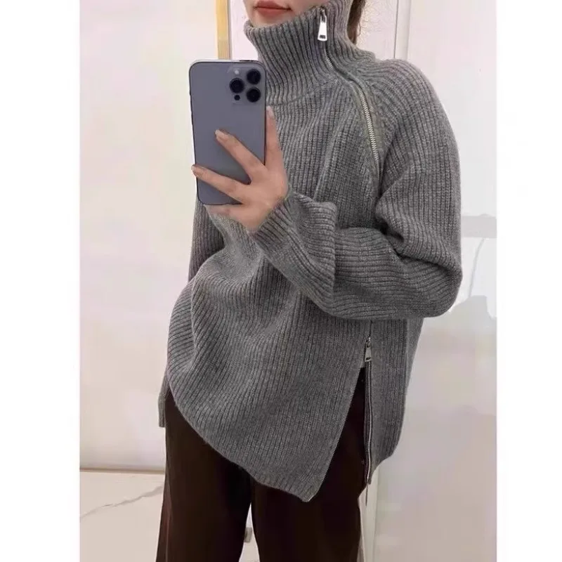 2025 Autumn/Winter New Women's High-Neck 100%Cashmere Sweater with Side Zipper Loose Wool Knit Thick Sweater