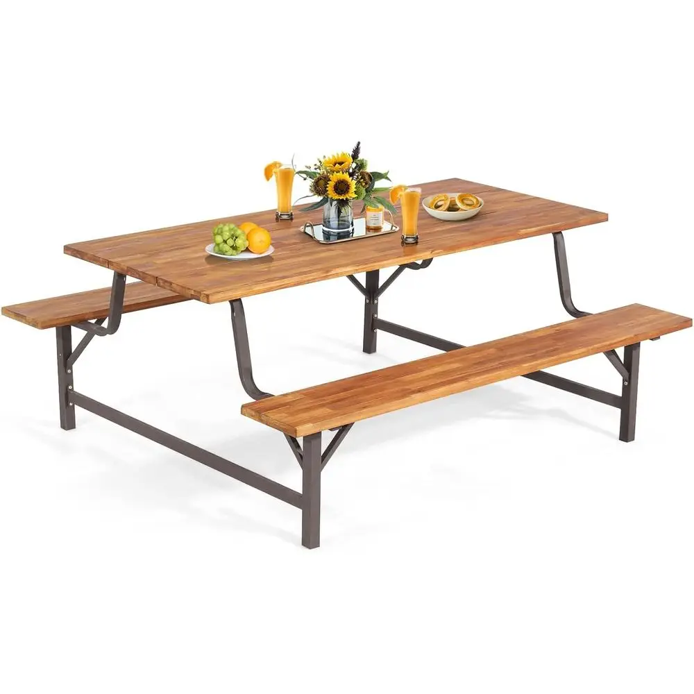 Acacia Wood Patio Dining Set with Metal Frame, 71 Rectangular Table and Umbrella Hole