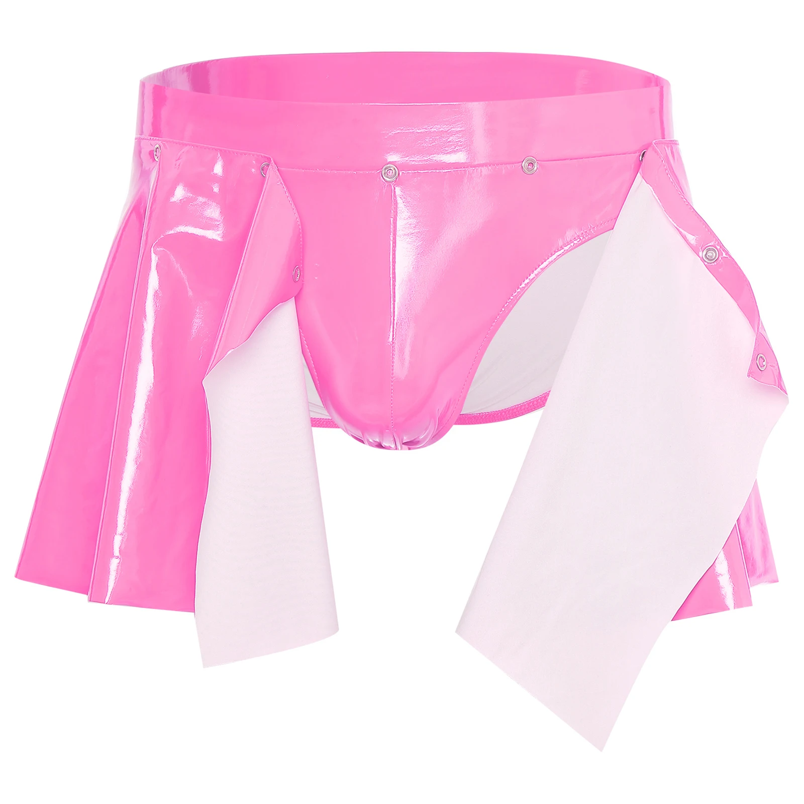 

Men Latex PVC Leather Underwear Panties with Press Buttons Removable Flare A-line Skirts Sexy Rave Lingerie Party Nightclub Wear