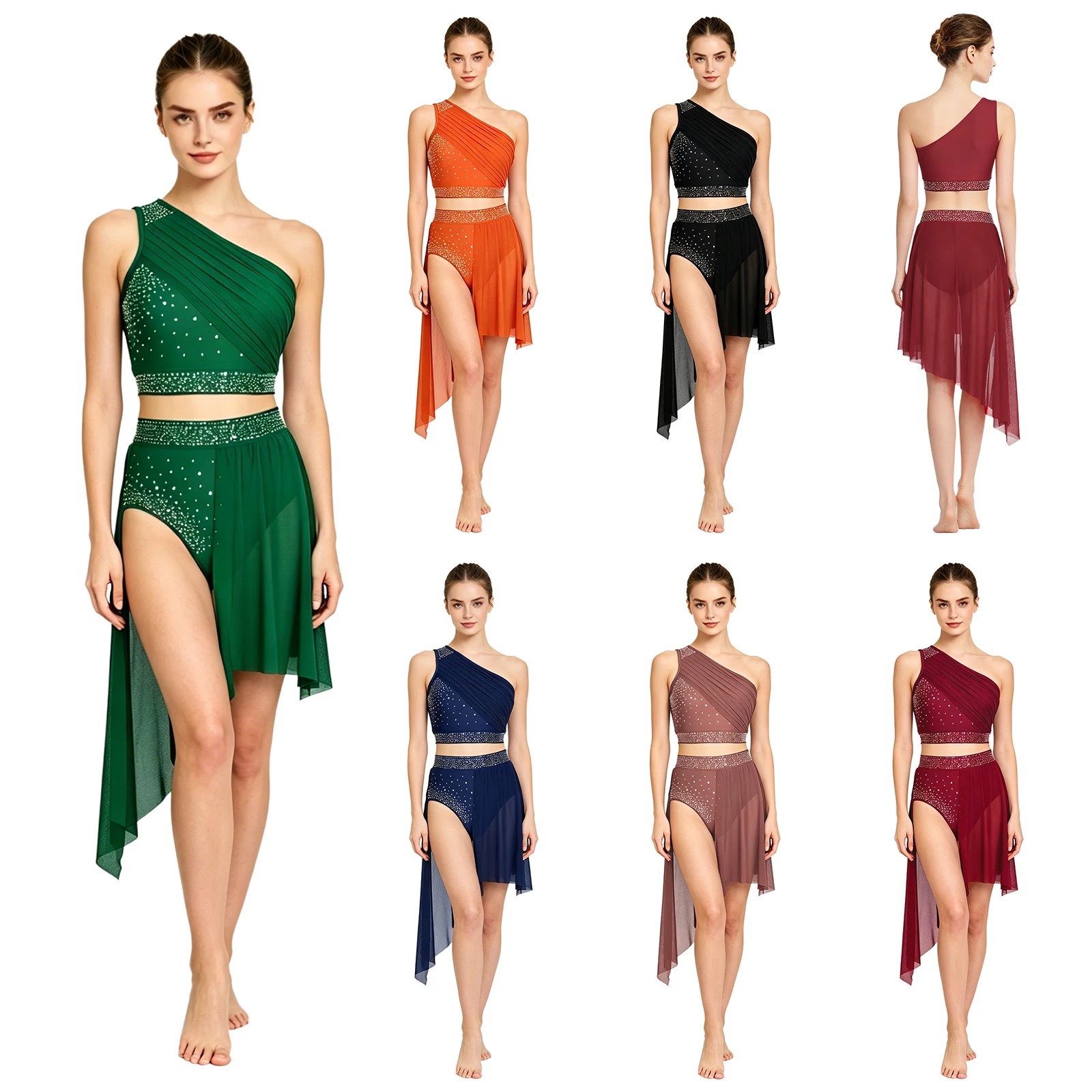 

Women Modern Lyrical Dance Outfit Shiny Rhinestone Crop Top with Mesh Leotard Skirt Figure Skating Ballet Gymnastics Dancewear