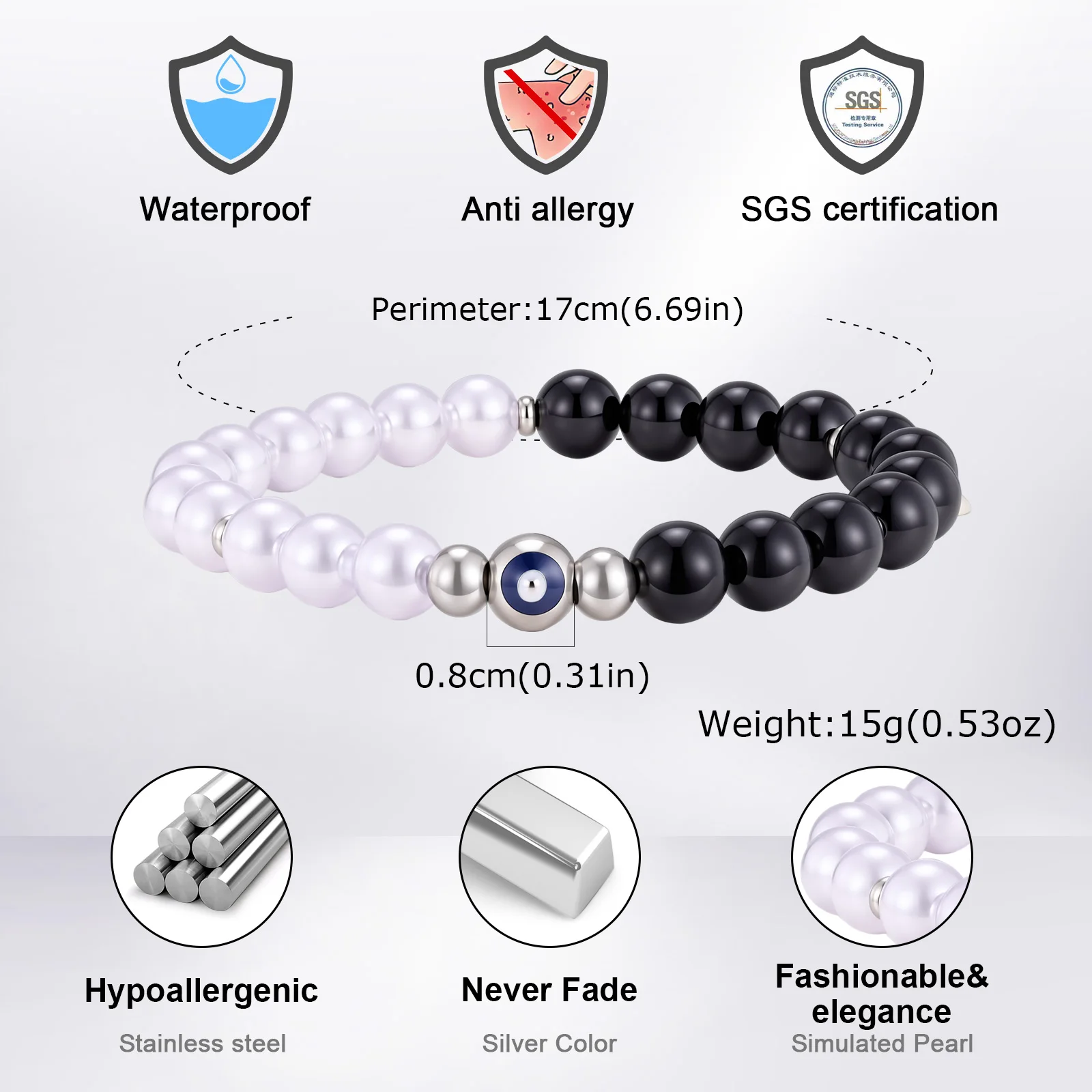 Böser-Blick-Perlenarmband für Männer und Frauen, Schwarzes Onyx-Perlenarmband, Talisman-Schmuckgeschenk – Detail 1