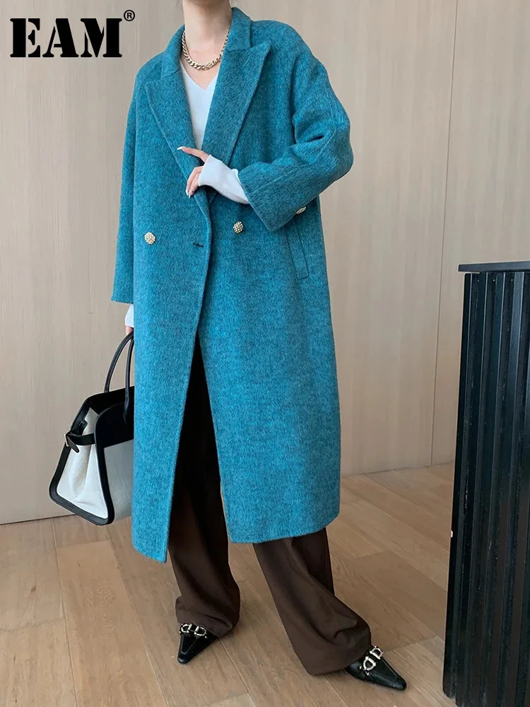 

[EAM] Blue Double Breasted Big Size Woolen Coat New Lapel Long Sleeve Women Jacket Fashion Tide Autumn Winter 2024 1DH7363