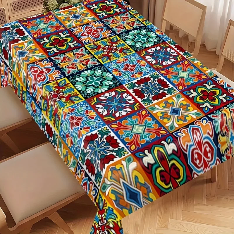 A tablecloth with a colorful Mexican-style tile pattern - an excellent decorative item suitable for various occasions