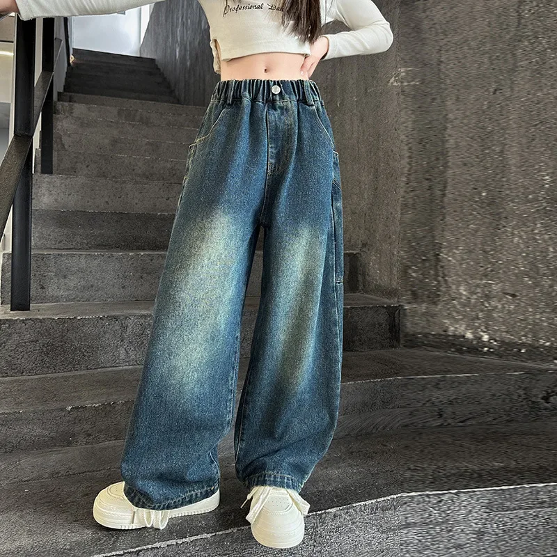 

Spring Autumn Children Wide Leg Jeans with Big Pockets Design For Girls Retro Blue Jeans Pants Kids Casual Denim Trousers 5-14Y
