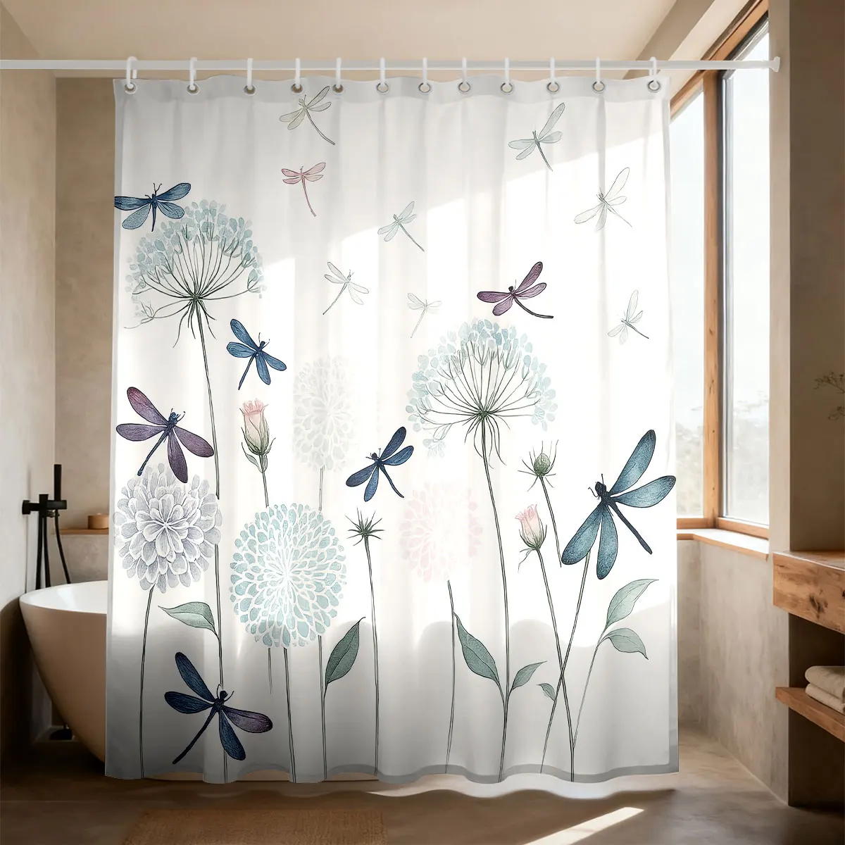 Blue Dragonfly Flowers Shower Curtain with Hooks Waterproof Polyester Fabric Bathroom Modern Minimalist Curtains for Bath Room