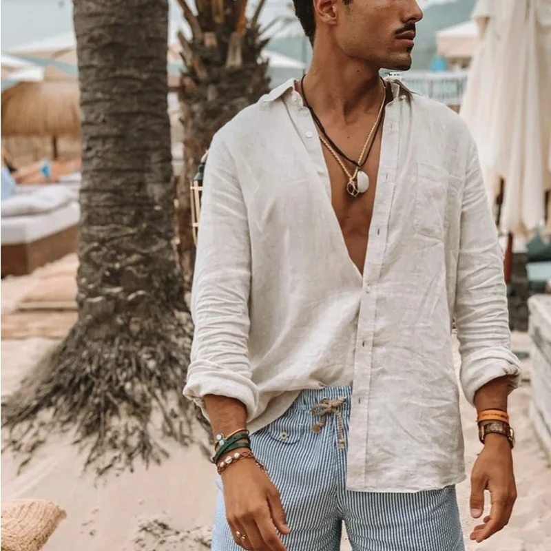 Camisa Superfina de algodón para hombre, camisa de manga larga con botones y cuello vuelto, color verde, transpirable, a la moda, para playa, Verano