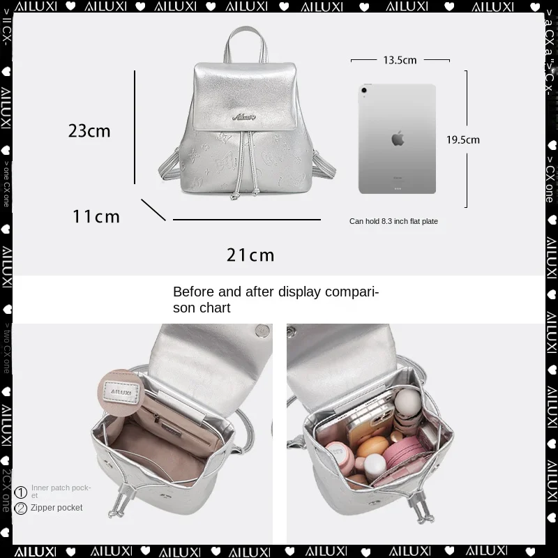 AILUXI-Mochila Prata para Mulheres, Bolsa Versátil, Viagem Commuter, Bolsa Pequena para Meninas, Designer Original, Moda, Nova, 2024