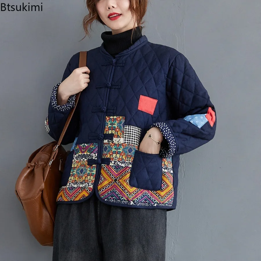 

New 2025 Autumn Winter Arts Style Women Long Sleeve Vintage Short Coat Patchwork Cotton Linen Single Breasted Thicken Jackets