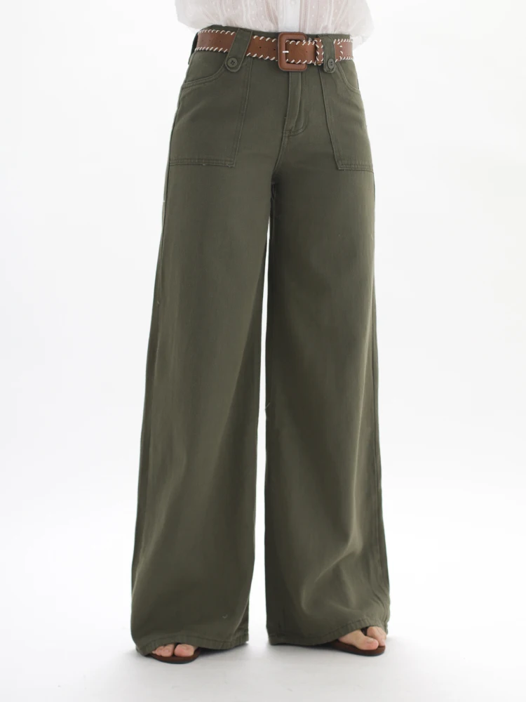 

Ohmyloli Basic Retro Military een Plaid Casual Wide Leg Pants Spring Summer High Waist Straight Cut Trousers Commute Sle