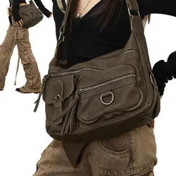 Vintage Multiple Pockets Women Shoulder Bags Luxury Washed Pu Leather Crossbody bags Retro Motorcycle Bag Y2K Sac for Girls 2025