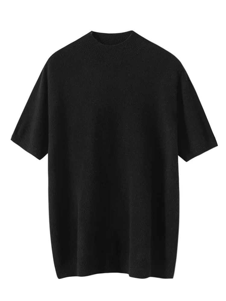 MEETCC Spring Autumn Men's 100% Cashmere Pullover Mock Neck Soft Warm T Shirt Short Sleeve Knitwear Luxury Smart Casual Tops