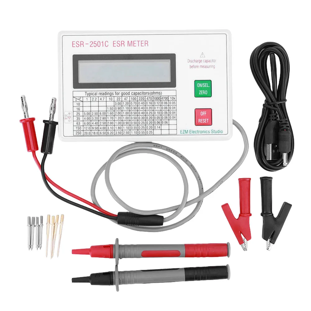 ESR2501C Capacitor ESR DCR Tester LCD Display With Test Leads Clip Battery Circuit Tester ESR Meter Smart Shutdown 100KHz