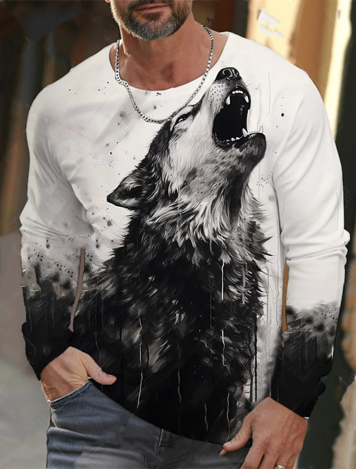 Fashion Men T shirt 3d Print Animal Wolf Men Long sleeve T shirt Autumn Casual Sportswear Loose Comfortable Men Clothing Top