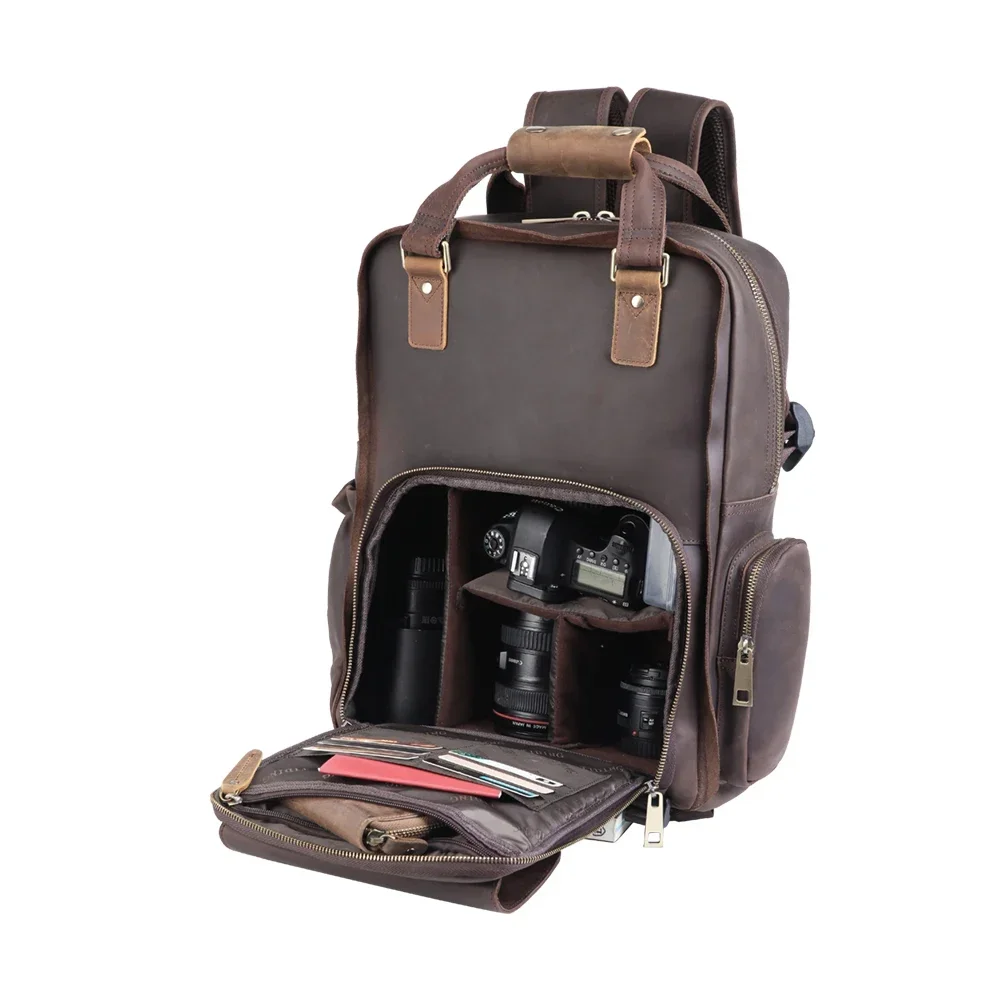 High Quality Latest Design Durable Hiking Travel Real Leather Camera Bag Genuine   Backpack