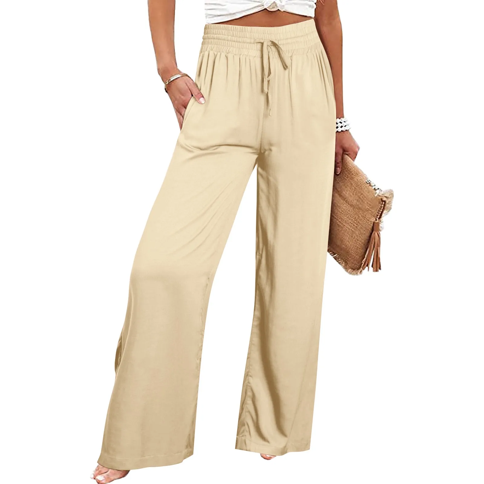 

Women's 2024 Spring Summer Casual Wide Leg Pants Loose Comfortable Solid Colour Trousers Drawstring Elastic Waist Straight Pants