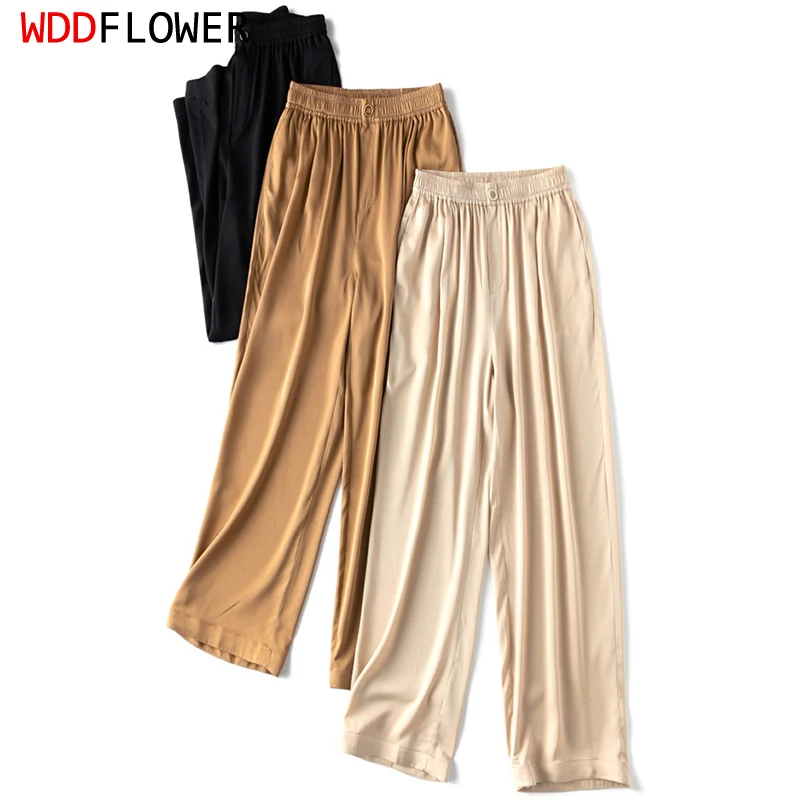 Damskie jedwabne długie spodnie 93% jedwab 7% Spandex w jednolitym kolorze czarne kieszonki szampana modne długie spodnie z elastyczną talią MM985
