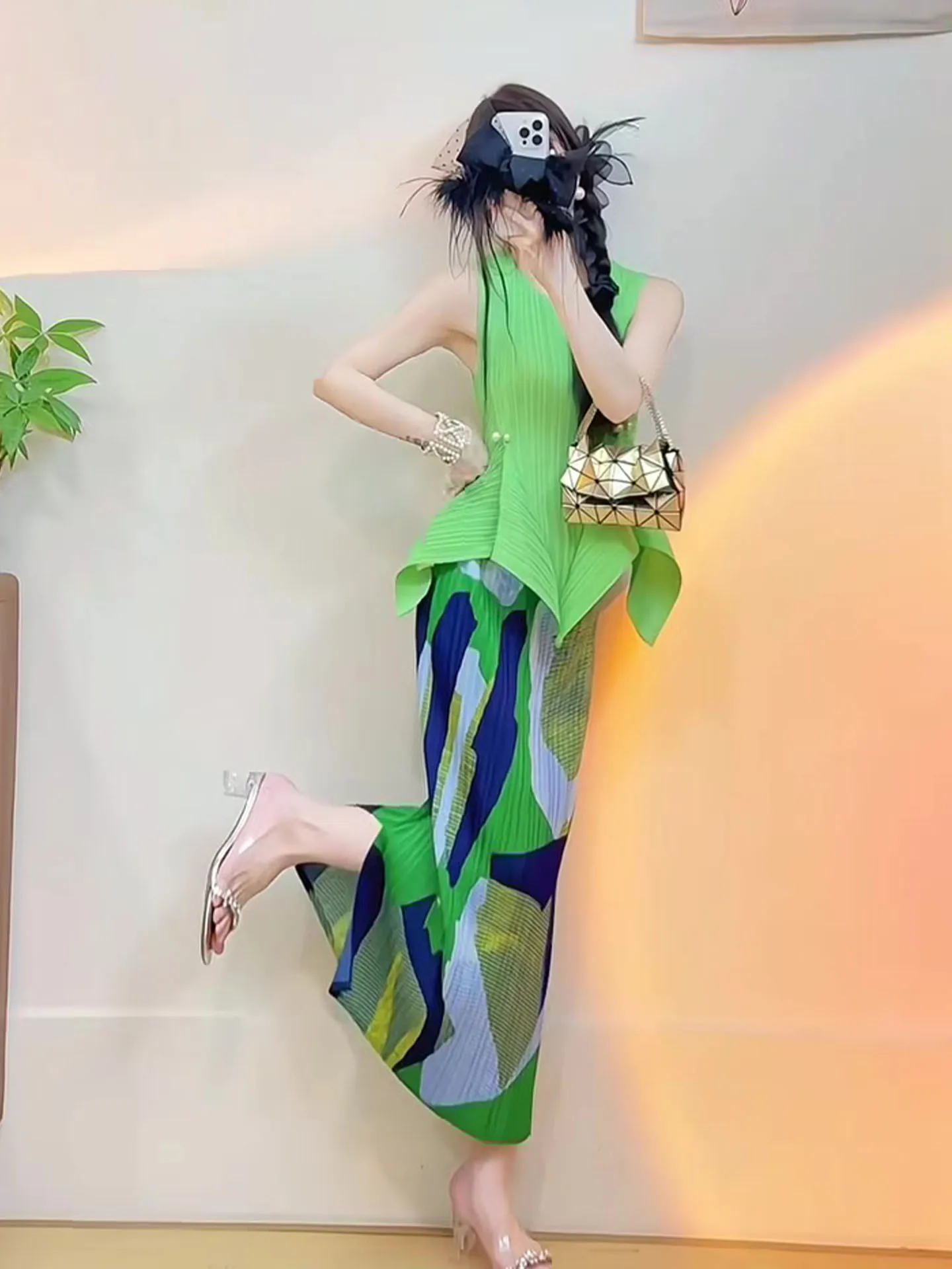 

Chic Summer een Top High Waist Split f Skirt Pleated Set Faionable Casual Sle Polyester Fabric ort Sve round Ne