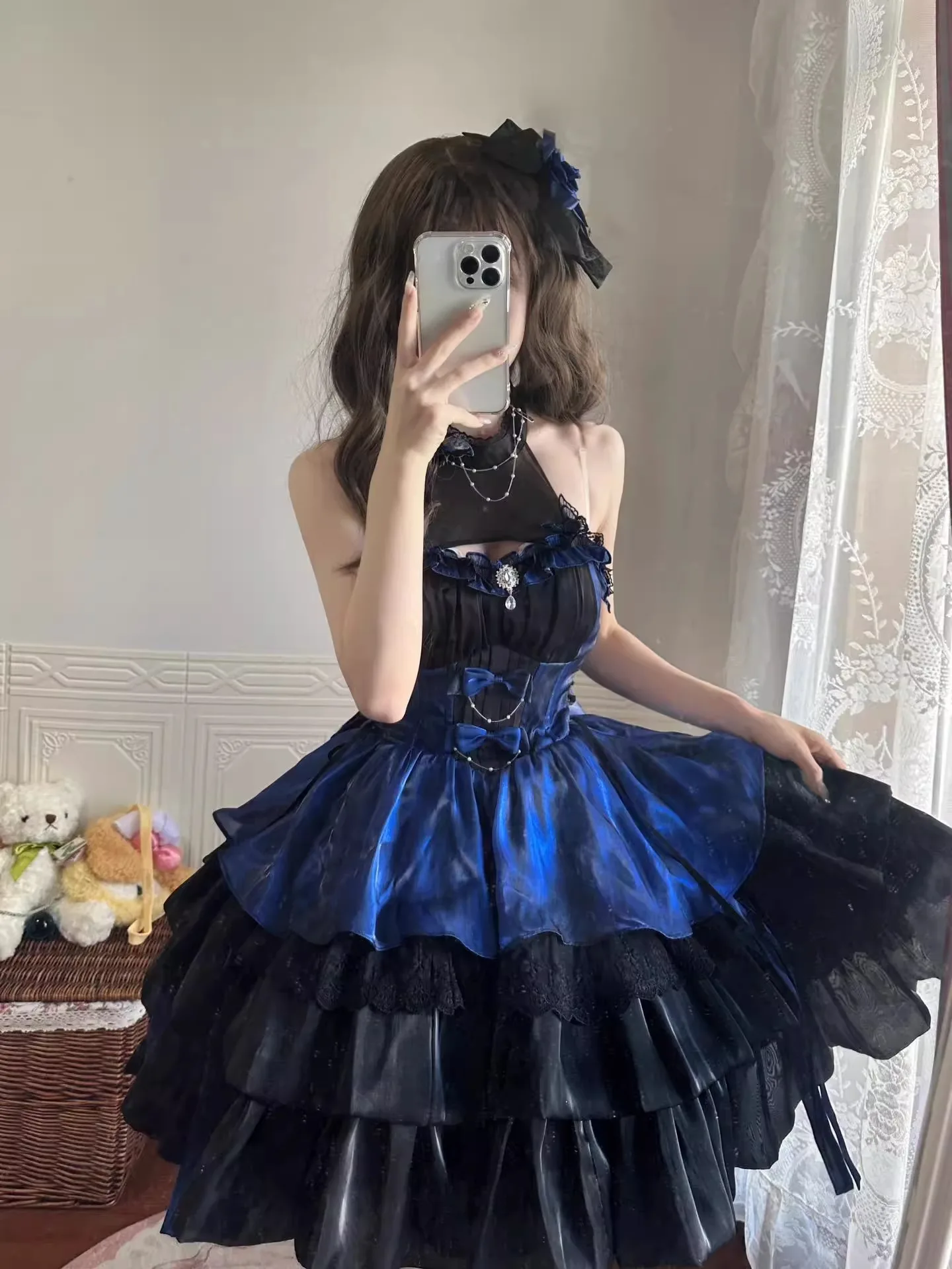 Black and Blue Lolita Style Super Pure Halter Spaghetti Straps Short Skirt Tail Cute Pettiskirt