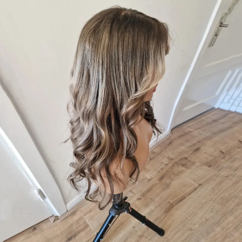 

Коричнево-пепельно-русый парик балаяж с HD-кружевной передней частью 13x4, без клея, с мелированием, синтетический, с HD-кружевной передней частью, мягкий, волнистый, до плеч