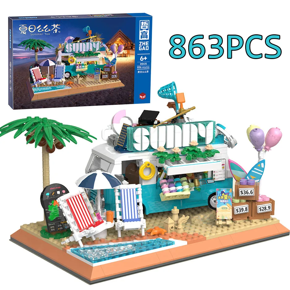 

Summer Beach Ice Cream Dessert Truck Building Blocks City Street View Camping Recreational Food Car Model Bricks Toy For Kids