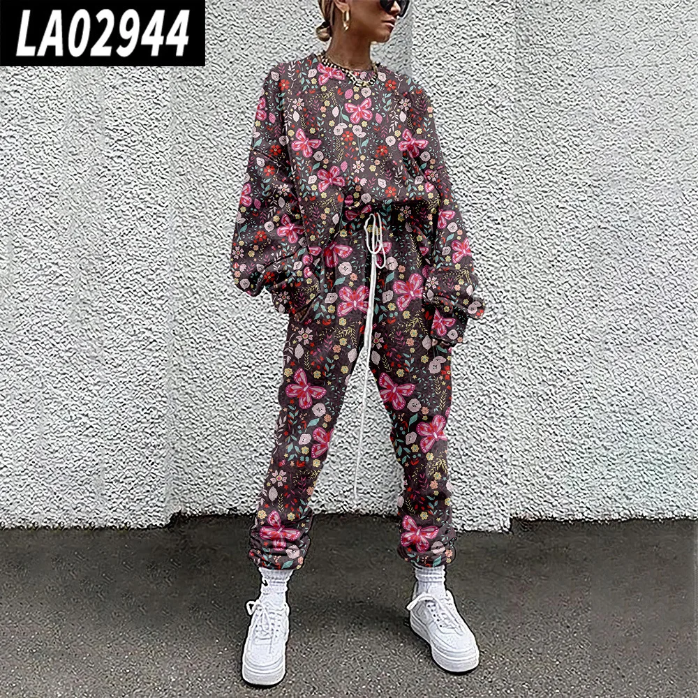 Tuta moda primavera autunno felpe con stampa farfalla tuta sportiva da donna pullover a maniche lunghe set di pantaloni set da due pezzi