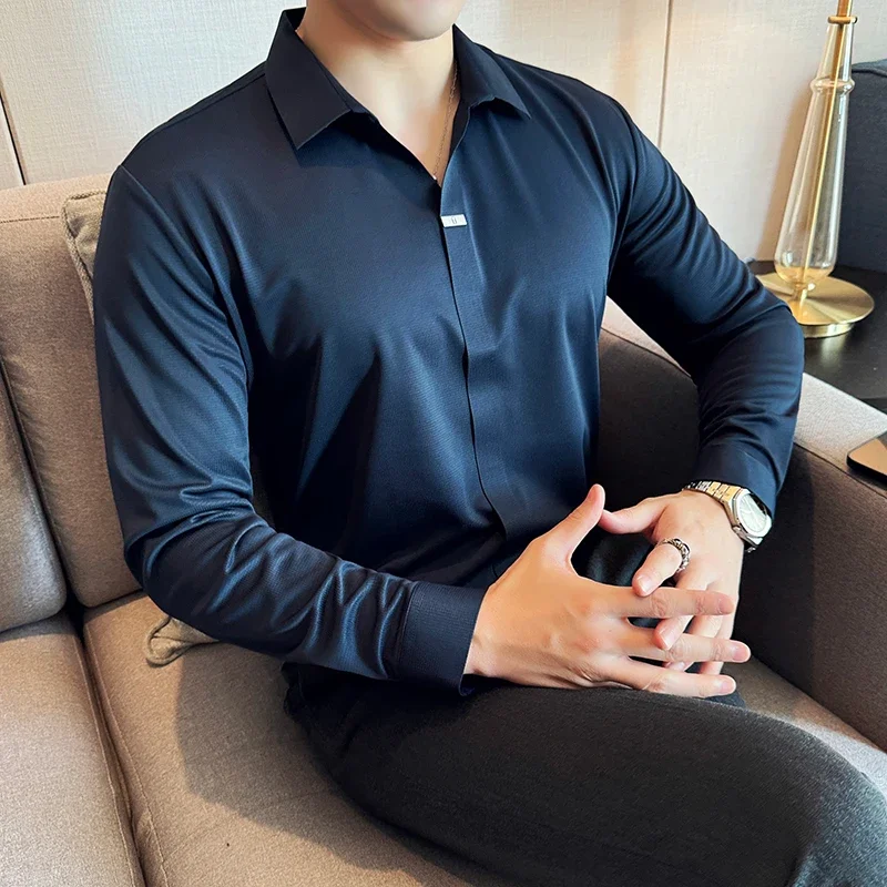 High Elasticity Men Polo Shirt 2025 British Style Autumn Thin Solid Casual Elastic Slim Fit Long Sleeves T-shirt Men Clothing