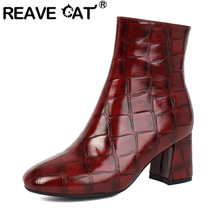 

REAVE CAT Yellow Women Ankle Boots Round Toe 6.5cm Block Heels Zipper Plus Size 42 43 44 45 Classic Dating Female Short Booties
