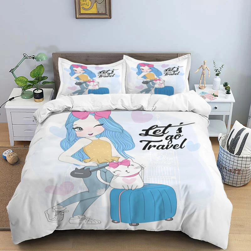 

Stylish Cartoon Girl Art Print Bedding Set for All Ages - Quilt Covers & Pillowcases Included