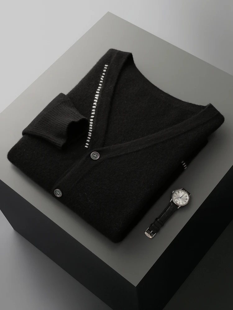 Men's Cashmere Sweater Thick V-neck Long Sleeve Cardigan Autumn Winter 100% Merino Wool Knitwear Smart Casual Sweater Coat Tops