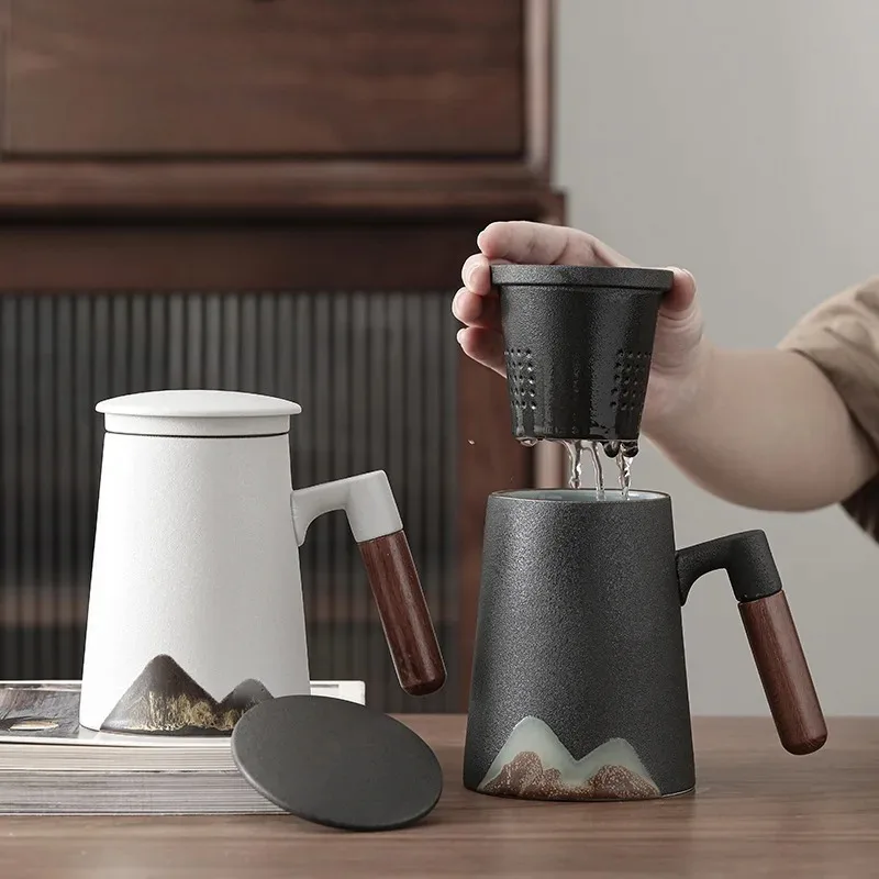 

Glaze Painted Hand Painted Mug Wood Handle Ceramic Teacup with Lid Filter Three-piece Set Large Office Household Mug Tea Service