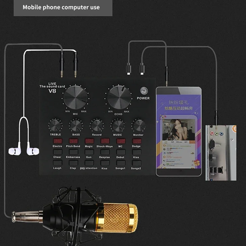 Carte son audio V8 avec microphone, casque USB externe, diffusion Web, diffusion en direct, chanteur à domicile, divertissement pour téléphone, ordinateur, TV