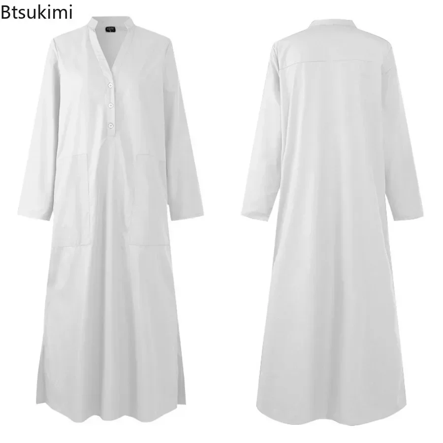 New 2025 Vintage Solid Cotton Linen Dress for Women Casual Commuter Loose Maxi Dress Female Fashion V-neck Split Hem Long Skirts