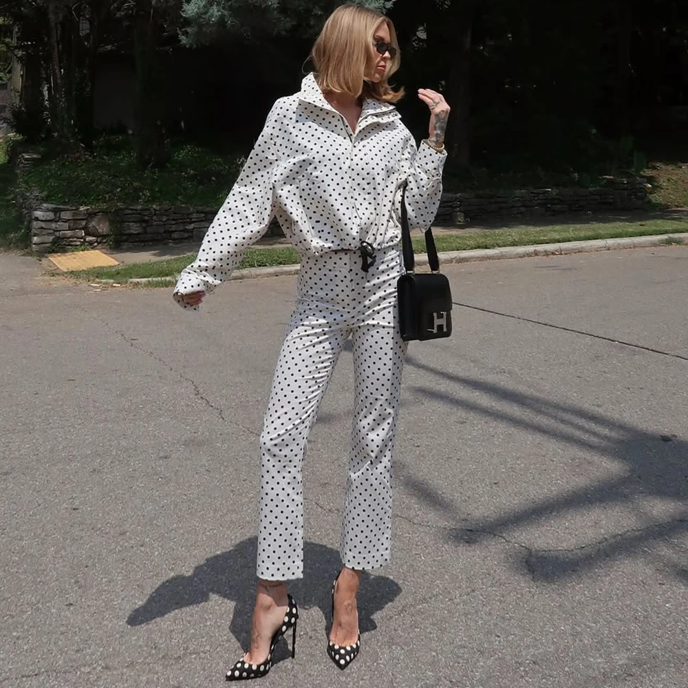 Talenza Elegant Polka Dot Jacket Women Autumn Standing Collar Drawstring Contrast Casual Coats Streetwear Female Chic Outwear