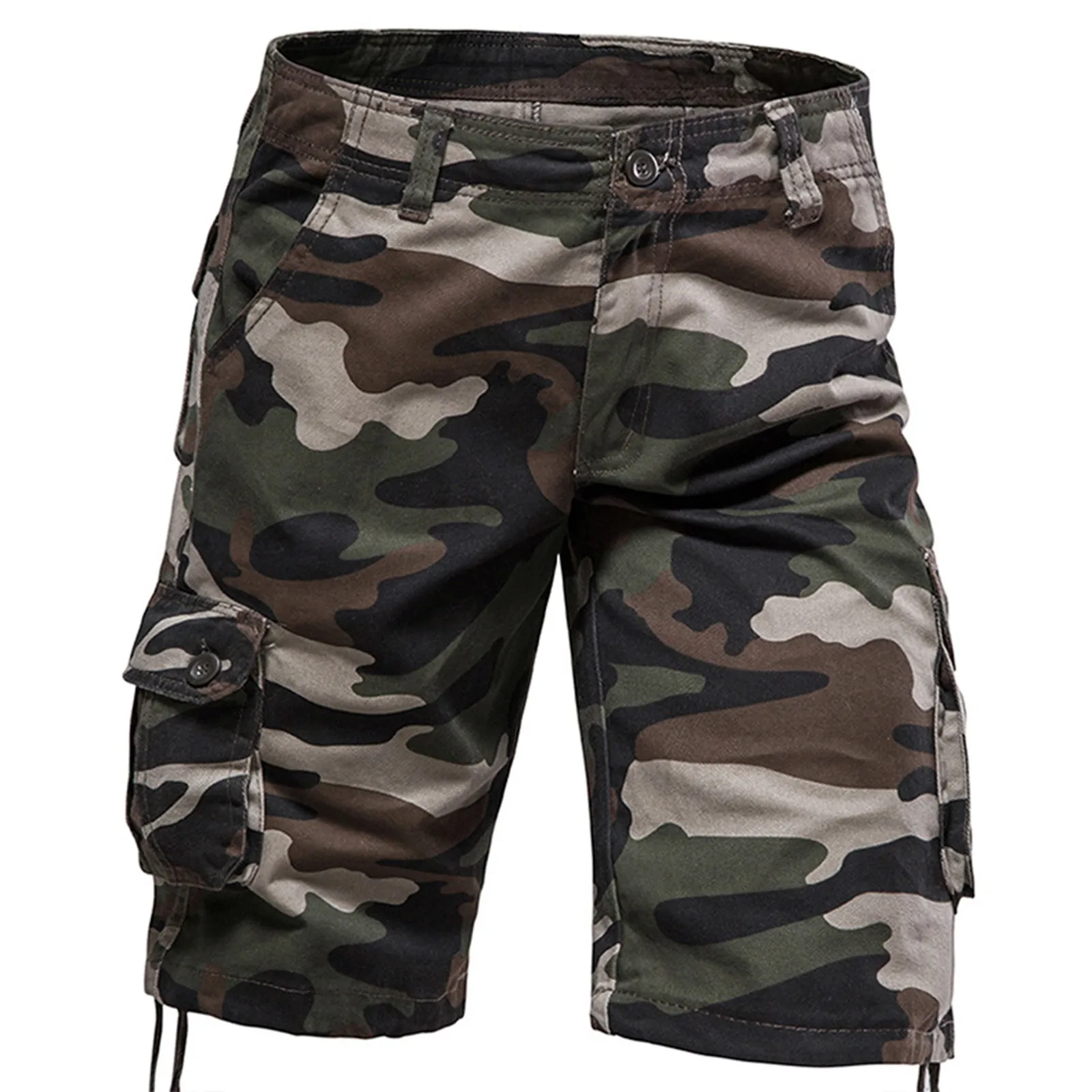 Shorts masculinos de camuflagem, calças largas para lavar, bolsos múltiplos, estilo coreano, verão, 2024