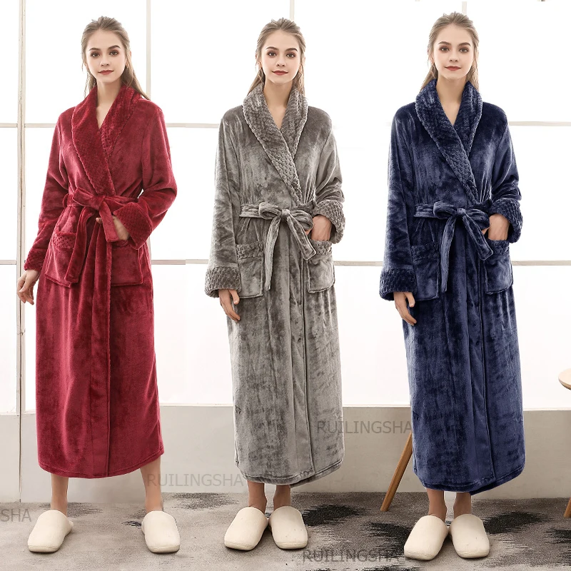 Night Dress Women Bathrobe Flannel Robe Women\'s Winter Lengthened Coralline Plush Shawl Bathrobe Long Sleeved Warm Bath Robe Men