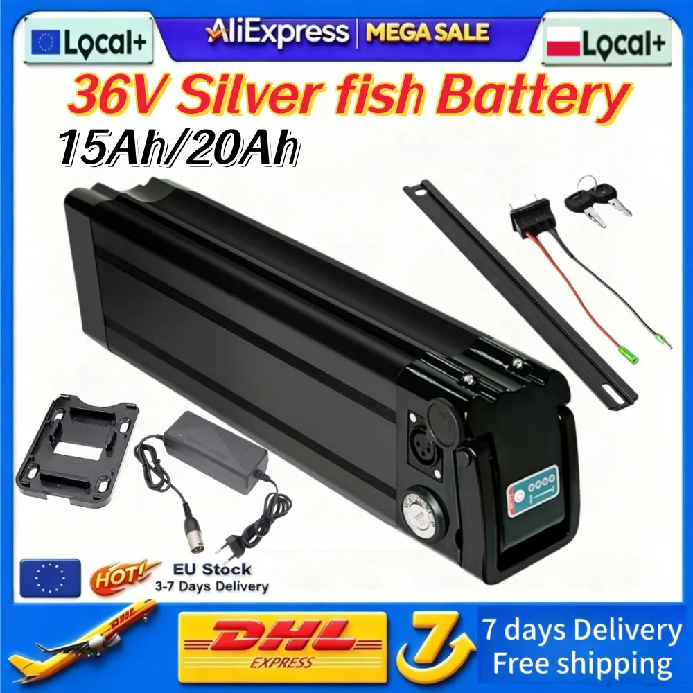 Image of Hochleistungs-36V 15Ah 20Ah 25Ah Silver Fish 18650 Akku mit integriertem BMS und 2A Ladegerät für Bafang 250W 1000W E-Bike Lithium-Akku.