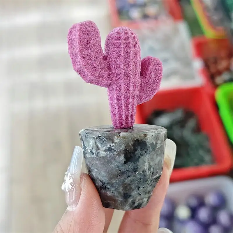 Natural Sapphire And Yooperlite Cactus Carving Crystal Love Healing Fengshui Gemstones HomeDecoration Holiday Gift 1PCS